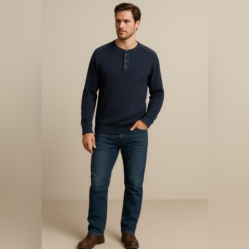 Legendary Whitetails Men’s XL Henley Waffle Knit Sweater Blue Elbow Patch Cotton